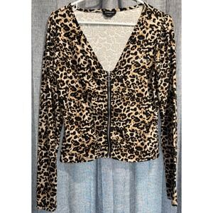 Bebe Rhinestone Logo Cheetah print Zip Up Pull On Top Size Medium Long Sleeve